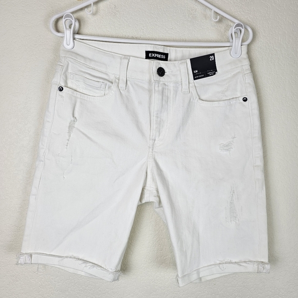 Express Slim Distressed Raw Hem White Temp Control Hyper Stretch Jean Shorts - Picture 5 of 13